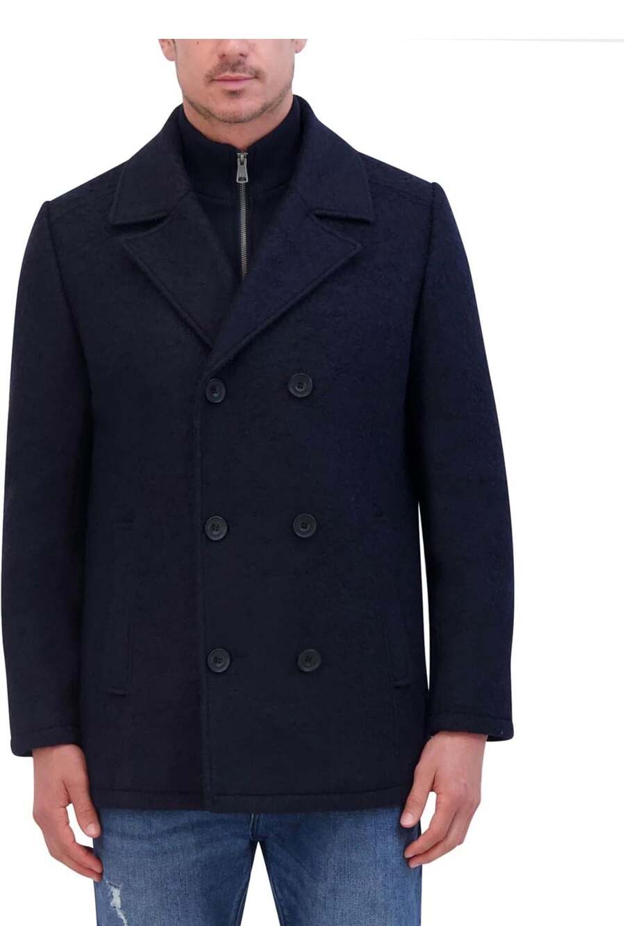 Kenneth Cole New York Men's Double-Breasted Wool Blend Peacoat with Knit Bib